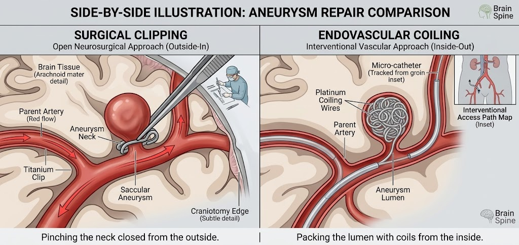 Side-by-side illustration comparing surgical clipping and endovascular coiling for brain aneurysm repair - New Jersey Brain and Spine