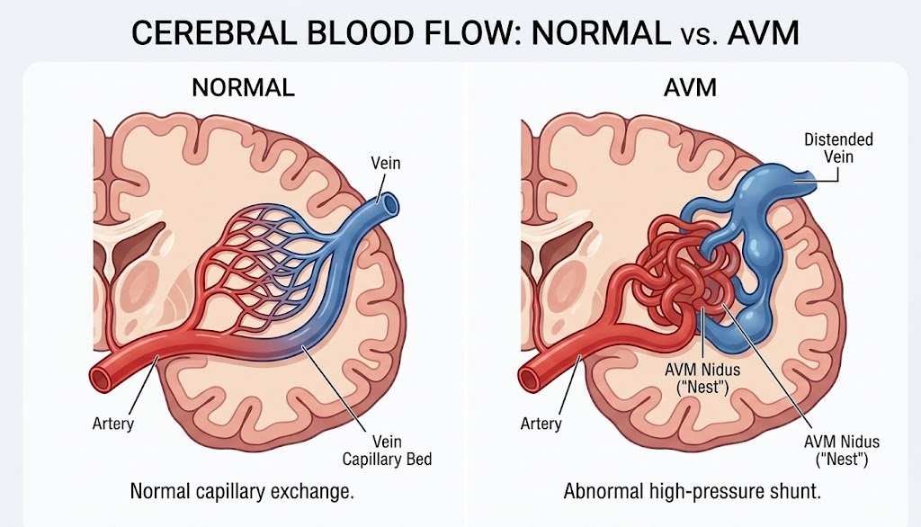 Diagram comparing normal cerebral blood flow to an arteriovenous malformation (AVM) nidus - New Jersey Brain and Spine