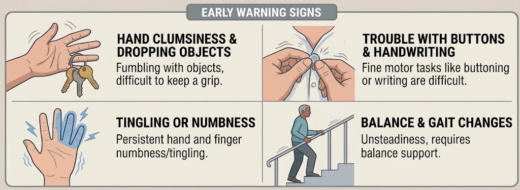 Early warning signs of cervical stenosis infographic, New Jersey Brain and Spine