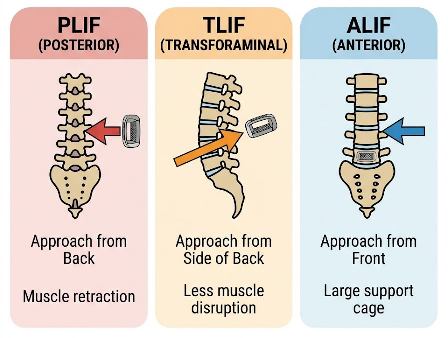 Diagram comparing PLIF, TLIF, and ALIF lumbar spinal fusion surgical approaches, New Jersey Brain and Spine