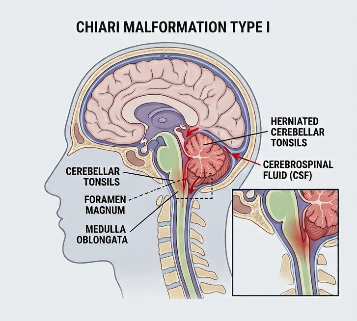 Diagram of Chiari malformation Type I showing herniated cerebellar tonsils and foramen magnum, New Jersey Brain and Spine